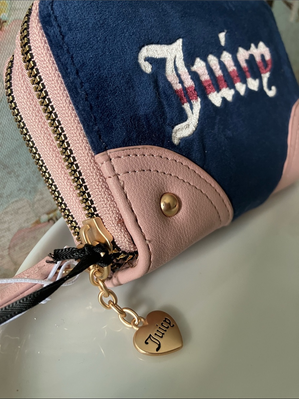 Juicy Couture Medium Retro Vibe Double Zip Around Navy & Pink Velour Wallet